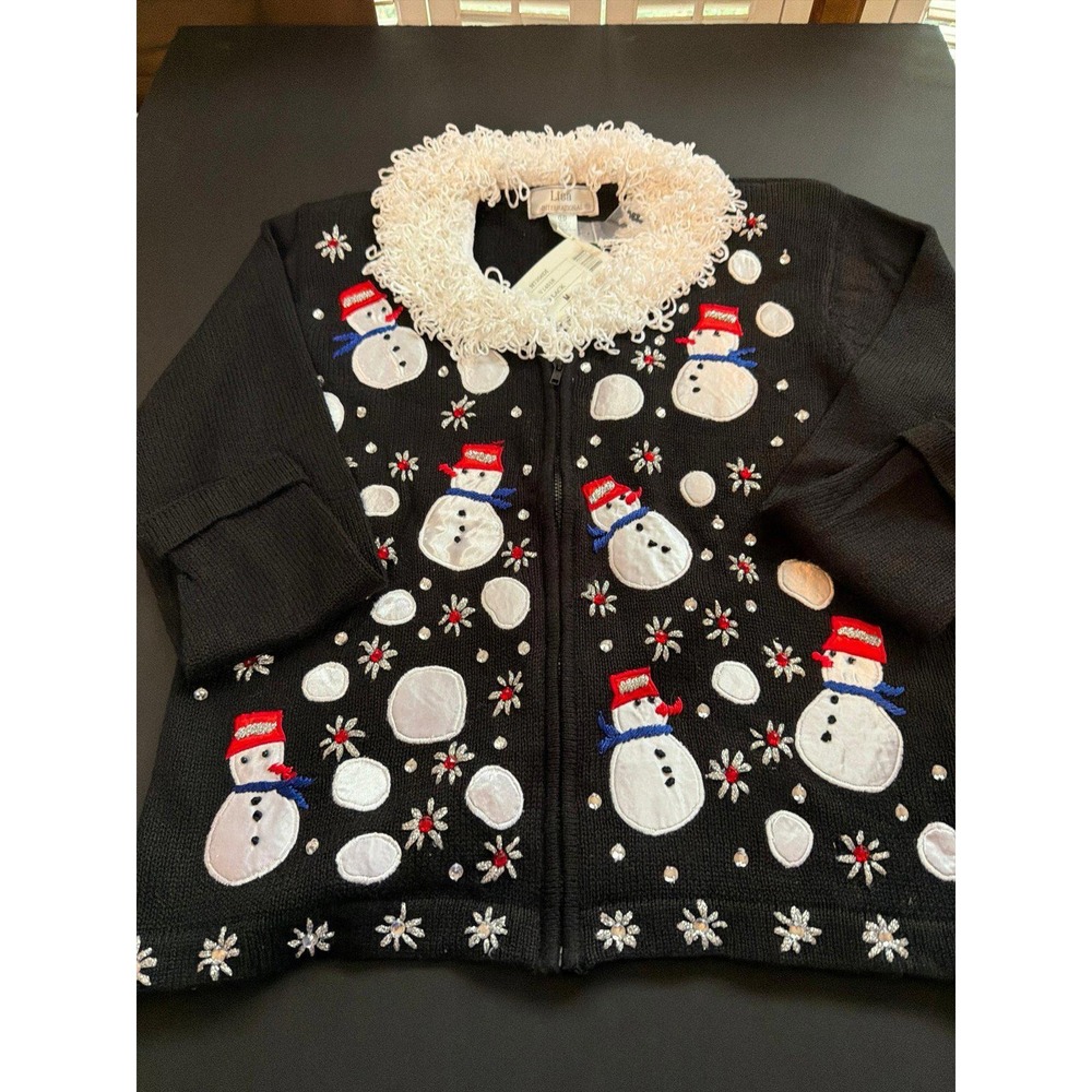 Lisa International Black Snowman Christmas Sweater Jacket Full Zip‎ Size M